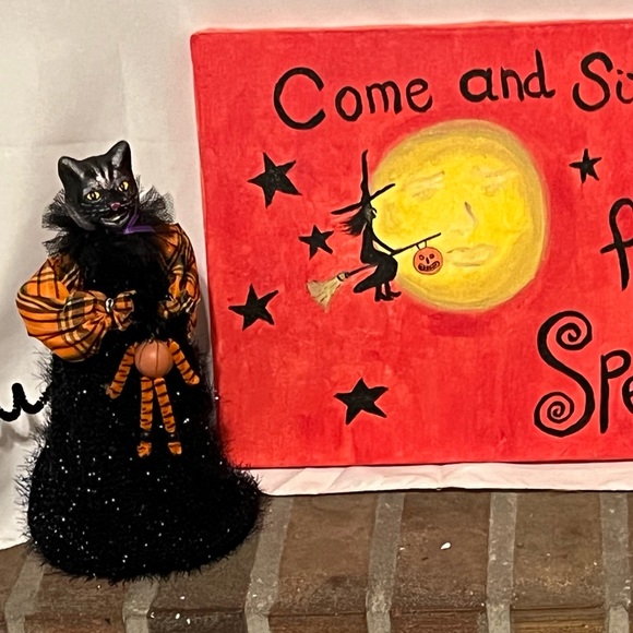 Halloween Witch Moon Folk Art Original Signed 2004 Painting Artist signed - Picture 7 of 13